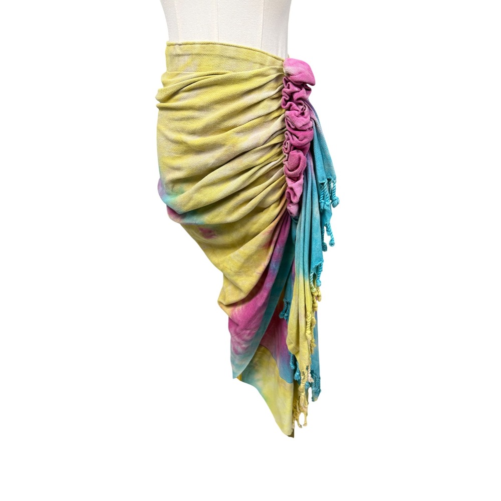 Just Bee Queen Skirt Women S Yellow Multi Tie Dye Asymmetric Fringe Sarong Wrap
